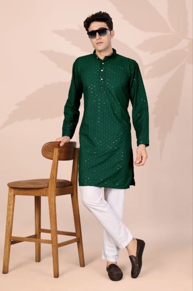 Ornate Dark Green Ethnic Kurta with Lucknowi Work for Men Festive Dressing Kurta Pajama Wholesale