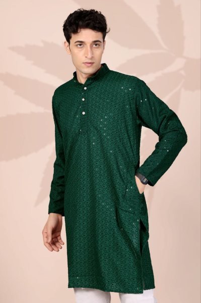 Ornate Dark Green Ethnic Kurta with Lucknowi Work for Men Festive Dressing Kurta Pajama Wholesale