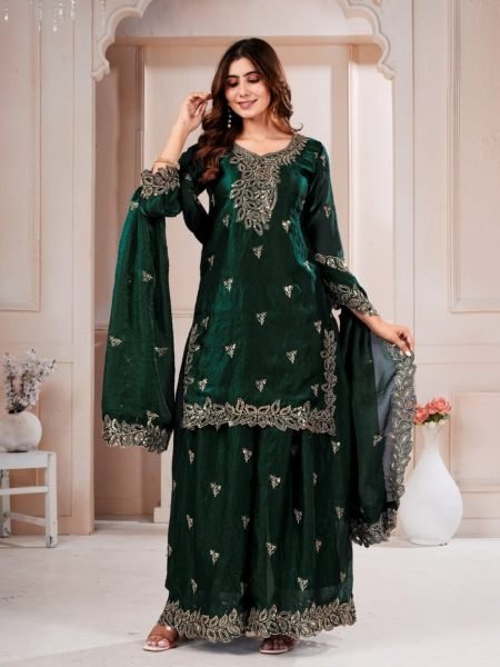Ornate Dark Green Fendy Silk Embroidered Top with Fully Stitched Sharara Pant 
