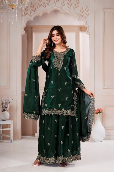 Ornate Dark Green Fendy Silk Embroidered Top with Fully Stitched Sharara Pant Ready To Wear Collection