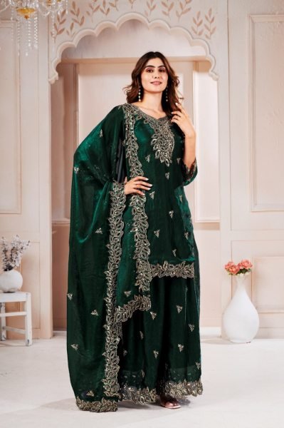 Ornate Dark Green Fendy Silk Embroidered Top with Fully Stitched Sharara Pant Ready To Wear Collection