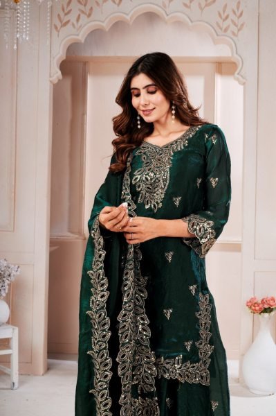 Ornate Dark Green Fendy Silk Embroidered Top with Fully Stitched Sharara Pant Ready To Wear Collection
