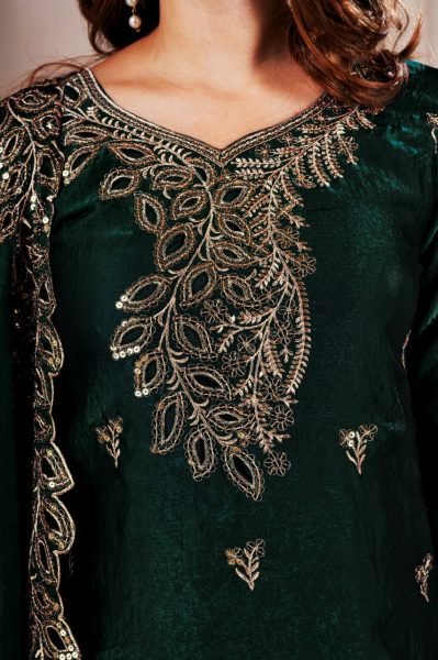 Ornate Dark Green Fendy Silk Embroidered Top with Fully Stitched Sharara Pant Ready To Wear Collection