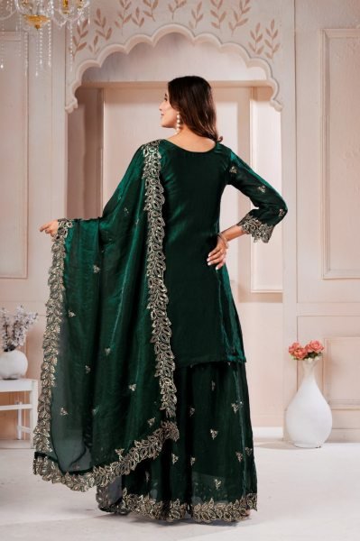 Ornate Dark Green Fendy Silk Embroidered Top with Fully Stitched Sharara Pant Ready To Wear Collection