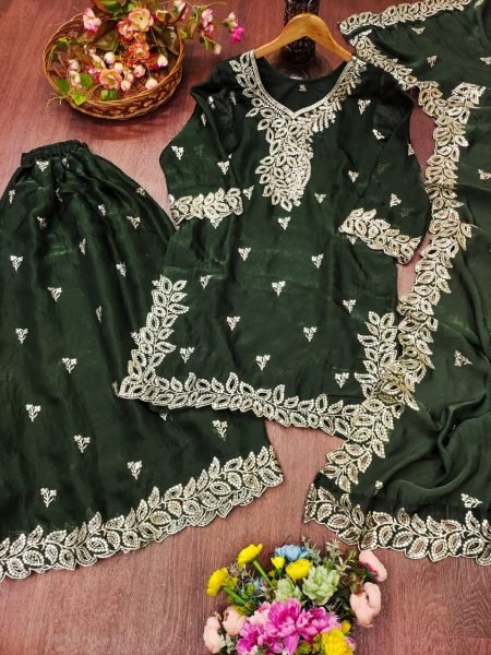 Ornate Dark Green Fendy Silk Embroidered Top with Fully Stitched Sharara Pant Ready To Wear Collection