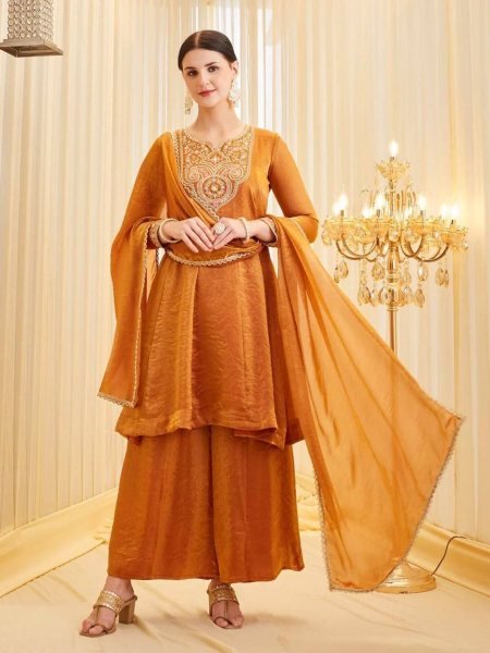 Ornate Gold Heavy Fendy Silk Kurti Palazzo Set with Embroidery Coding Work  