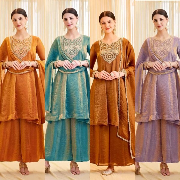 Ornate Gold Heavy Fendy Silk Kurti Palazzo Set with Embroidery Coding Work  Ready To Wear Collection