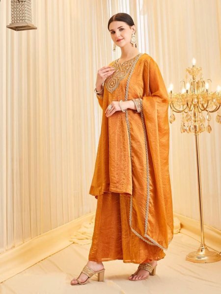 Ornate Gold Heavy Fendy Silk Kurti Palazzo Set with Embroidery Coding Work  Ready To Wear Collection