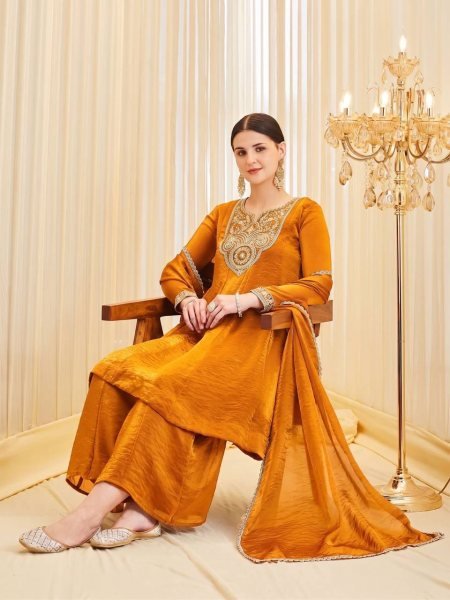 Ornate Gold Heavy Fendy Silk Kurti Palazzo Set with Embroidery Coding Work  Ready To Wear Collection