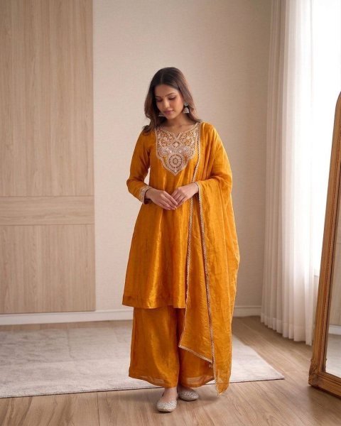 Ornate Gold Heavy Fendy Silk Kurti Palazzo Set with Embroidery Coding Work  Ready To Wear Collection