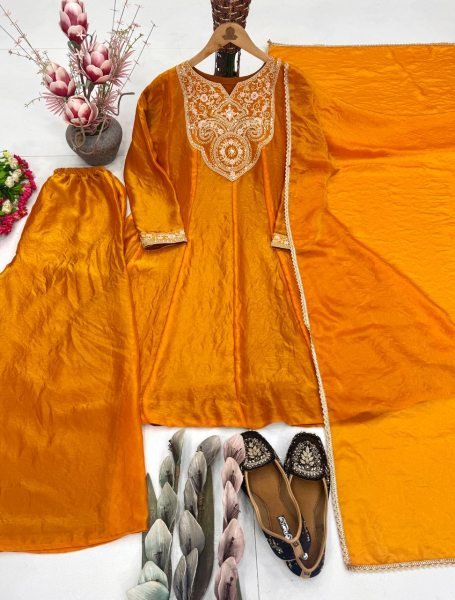 Ornate Gold Heavy Fendy Silk Kurti Palazzo Set with Embroidery Coding Work  Ready To Wear Collection