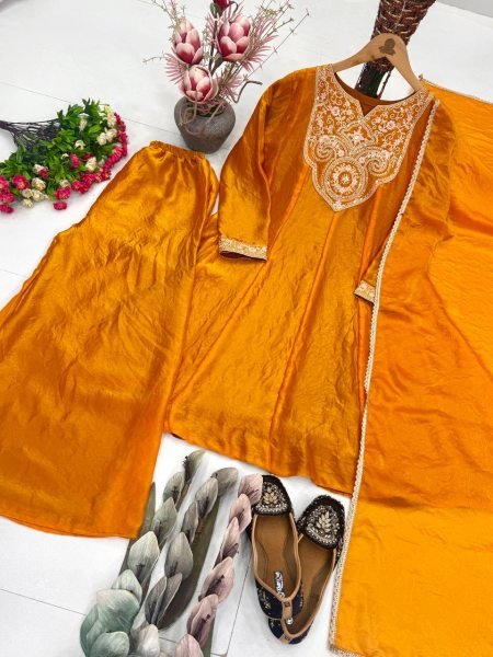 Ornate Gold Heavy Fendy Silk Kurti Palazzo Set with Embroidery Coding Work  Ready To Wear Collection