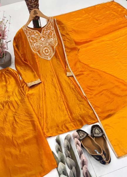 Ornate Gold Heavy Fendy Silk Kurti Palazzo Set with Embroidery Coding Work  Ready To Wear Collection