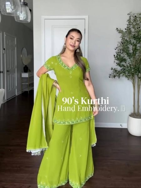 Ornate Green Fox Georgette Kurti Sharara Suit with Embroidered Lace Border Dupatta 