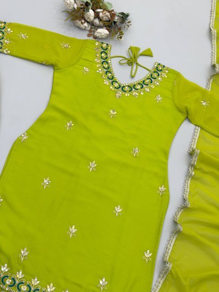 Ornate Green Fox Georgette Kurti Sharara Suit with Embroidered Lace Border Dupatta Ready To Wear Collection