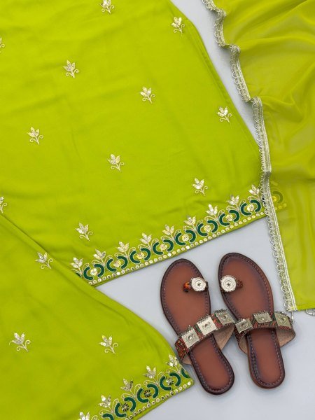 Ornate Green Fox Georgette Kurti Sharara Suit with Embroidered Lace Border Dupatta Ready To Wear Collection