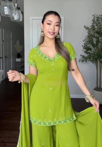 Ornate Green Fox Georgette Kurti Sharara Suit with Embroidered Lace Border Dupatta Ready To Wear Collection