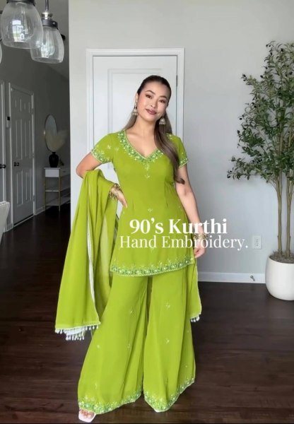 Ornate Green Fox Georgette Kurti Sharara Suit with Embroidered Lace Border Dupatta Ready To Wear Collection