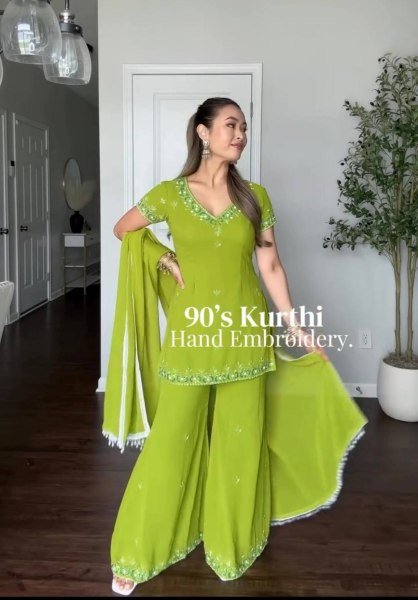Ornate Green Fox Georgette Kurti Sharara Suit with Embroidered Lace Border Dupatta Ready To Wear Collection