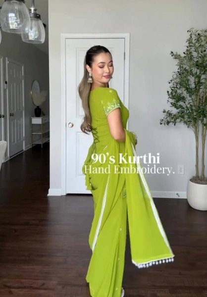 Ornate Green Fox Georgette Kurti Sharara Suit with Embroidered Lace Border Dupatta Ready To Wear Collection