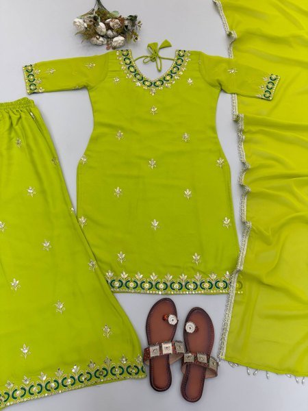 Ornate Green Fox Georgette Kurti Sharara Suit with Embroidered Lace Border Dupatta Ready To Wear Collection