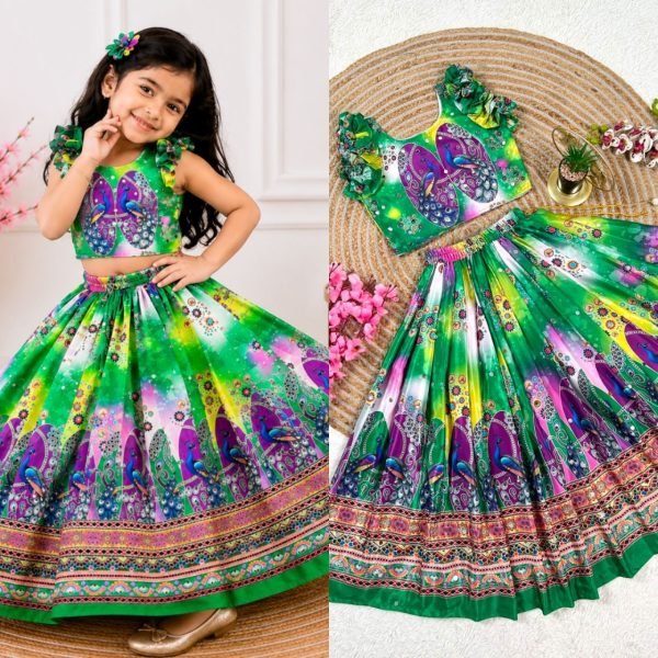 Ornate Green Organza Silk Lehenga with Hand Mirror Work and Designer Blouse Girls Wear