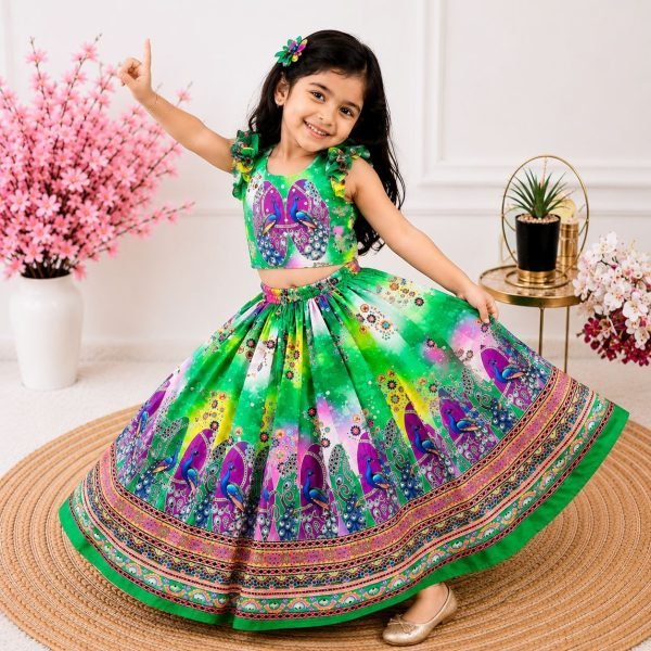 Ornate Green Organza Silk Lehenga with Hand Mirror Work and Designer Blouse Girls Wear
