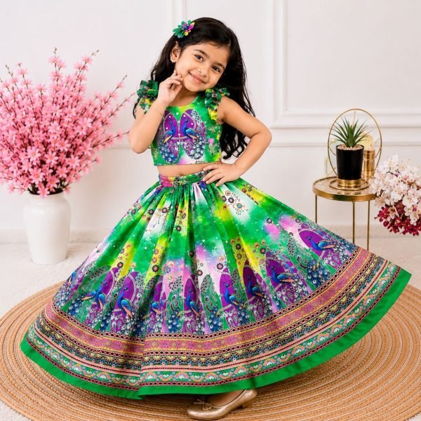 Ornate Green Organza Silk Lehenga with Hand Mirror Work and Designer Blouse Girls Wear