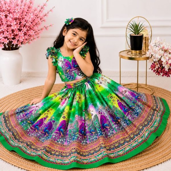 Ornate Green Organza Silk Lehenga with Hand Mirror Work and Designer Blouse Girls Wear