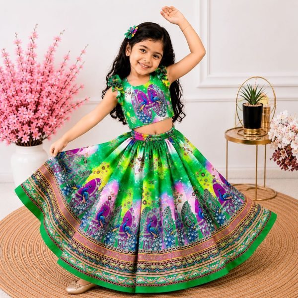 Ornate Green Organza Silk Lehenga with Hand Mirror Work and Designer Blouse Girls Wear