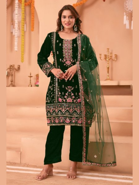 Ornate Green Viscos Velvet 5mm Sequins Embroidered Kurti Set with Designer Net Dupatta for Festive Wear Ready To Wear Suit