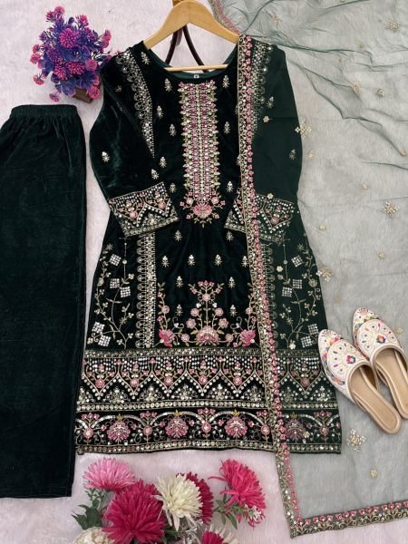 Ornate Green Viscos Velvet 5mm Sequins Embroidered Kurti Set with Designer Net Dupatta for Festive Wear Embroidery Kurtis 