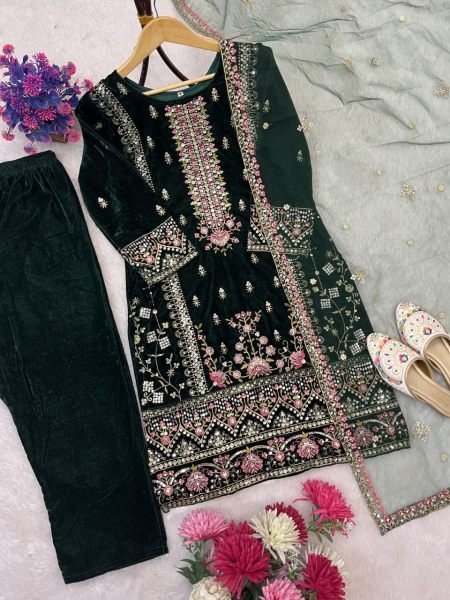 Ornate Green Viscos Velvet 5mm Sequins Embroidered Kurti Set with Designer Net Dupatta for Festive Wear Embroidery Kurtis 