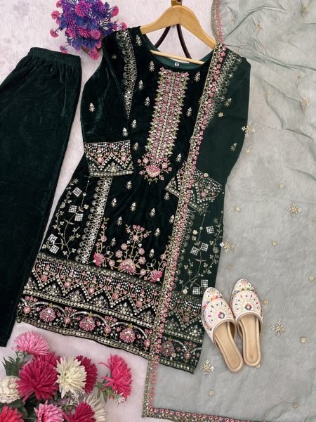 Ornate Green Viscos Velvet 5mm Sequins Embroidered Kurti Set with Designer Net Dupatta for Festive Wear Embroidery Kurtis 