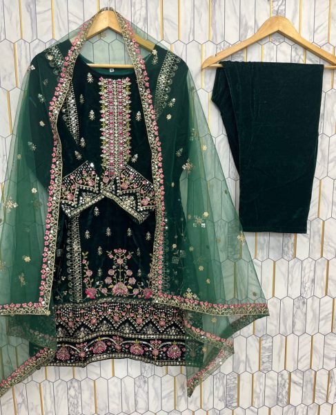 Ornate Green Viscos Velvet 5mm Sequins Embroidered Kurti Set with Designer Net Dupatta for Festive Wear Embroidery Kurtis 