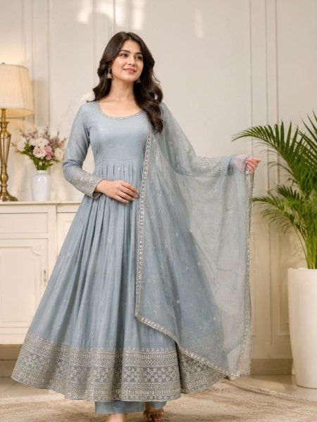 Ornate Grey Crunchy Silk Gown Pant Set with Embroidered Work And Lace Border Dupatta For Reseller Price Ready To Wear Suit