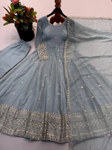 Ornate Grey Crunchy Silk Gown Pant Set with Embroidered Work And Lace Border Dupatta For Reseller Price Ready To Wear Collection