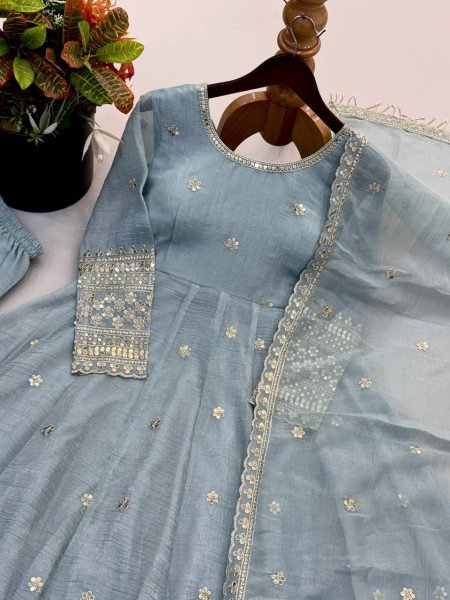 Ornate Grey Crunchy Silk Gown Pant Set with Embroidered Work And Lace Border Dupatta For Reseller Price Ready To Wear Collection