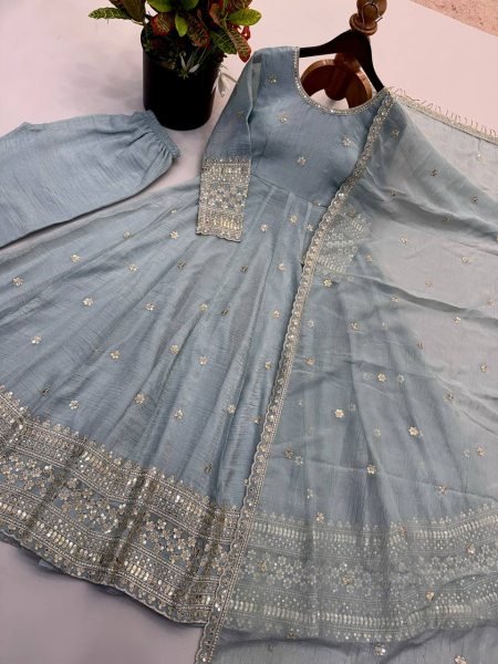 Ornate Grey Crunchy Silk Gown Pant Set with Embroidered Work And Lace Border Dupatta For Reseller Price Ready To Wear Collection
