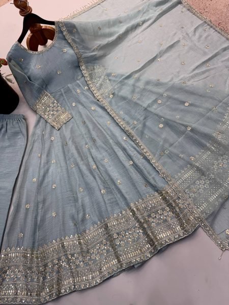 Ornate Grey Crunchy Silk Gown Pant Set with Embroidered Work And Lace Border Dupatta For Reseller Price Ready To Wear Collection