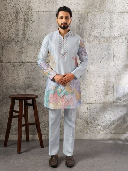 Ornate Ice Blue Silk Ethnic Kurta Pant Set with Heavy Thread Sequins Work 