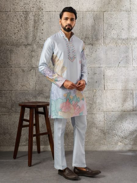 Ornate Ice Blue Silk Ethnic Kurta Pant Set with Heavy Thread Sequins Work Mens Short Kurta