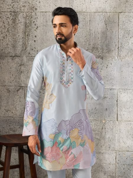 Ornate Ice Blue Silk Ethnic Kurta Pant Set with Heavy Thread Sequins Work Mens Short Kurta