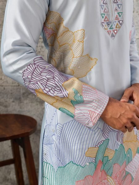 Ornate Ice Blue Silk Ethnic Kurta Pant Set with Heavy Thread Sequins Work Mens Short Kurta