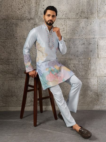 Ornate Ice Blue Silk Ethnic Kurta Pant Set with Heavy Thread Sequins Work Mens Short Kurta