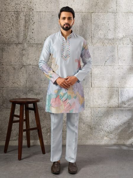 Ornate Ice Blue Silk Ethnic Kurta Pant Set with Heavy Thread Sequins Work Mens Short Kurta