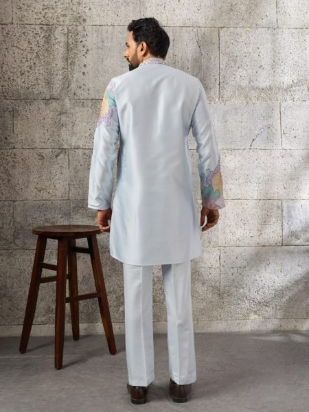 Ornate Ice Blue Silk Ethnic Kurta Pant Set with Heavy Thread Sequins Work Mens Short Kurta