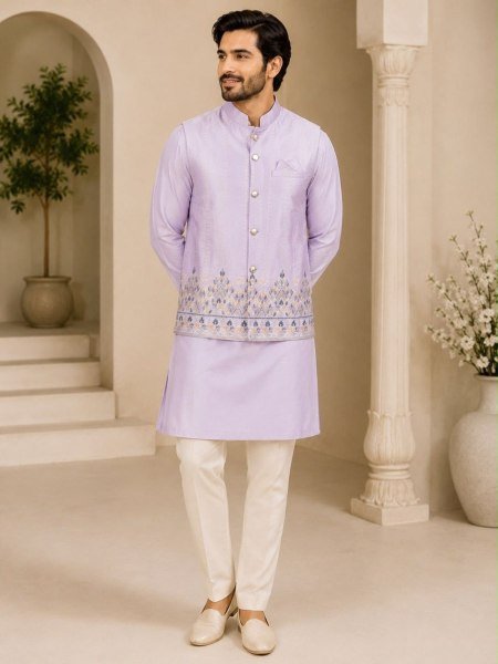 Ornate Lavender Designer Men's Malai Satin Koti Kurta with Polo Pant 