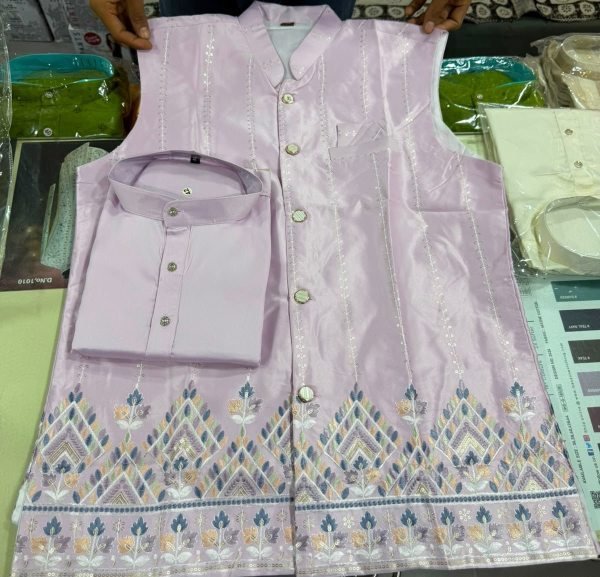 Ornate Lavender Designer Men's Malai Satin Koti Kurta with Polo Pant Kurta Pajama Wholesale
