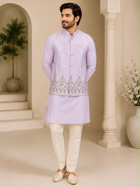 Ornate Lavender Designer Men's Malai Satin Koti Kurta with Polo Pant Kurta Pajama Wholesale